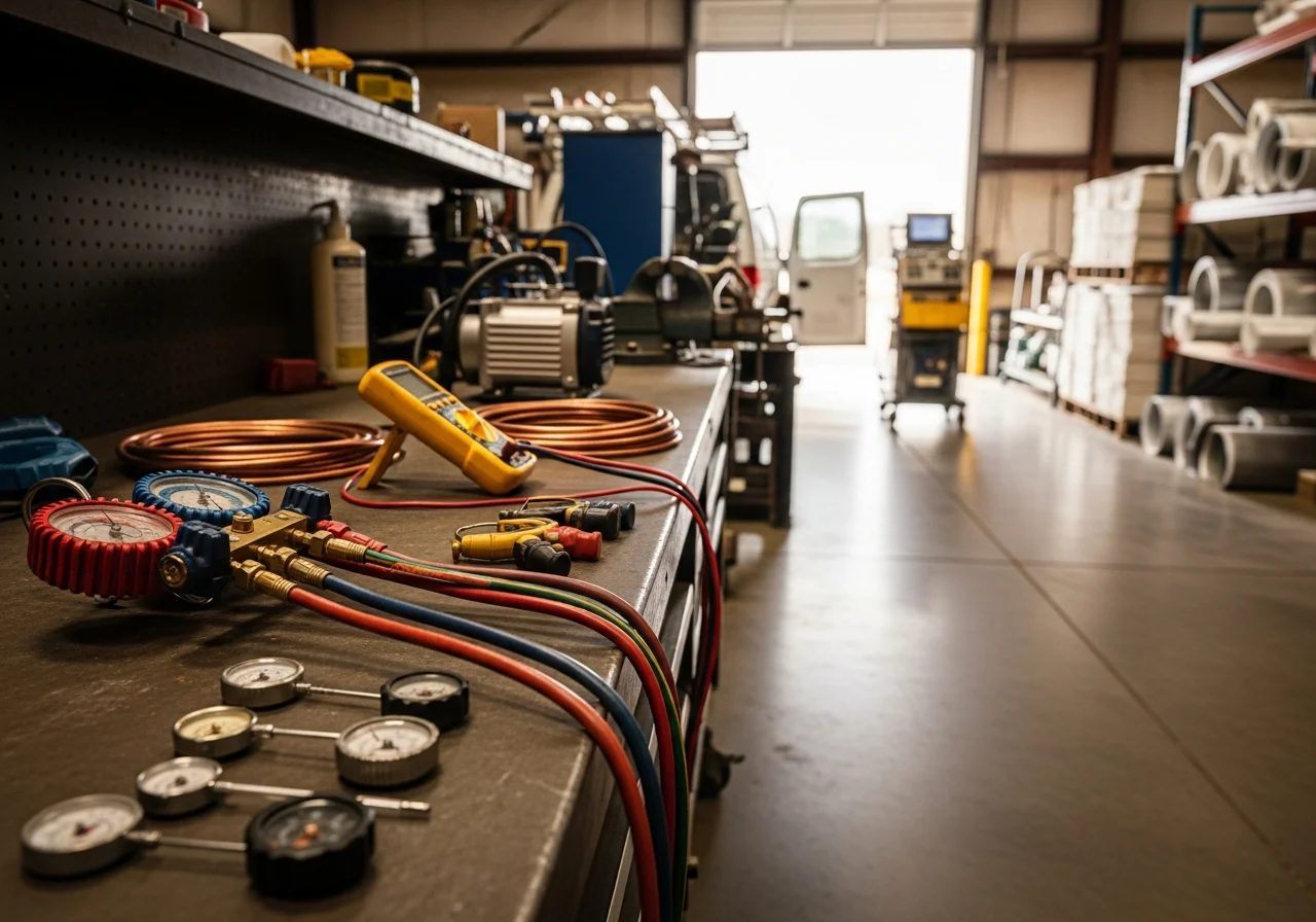 HVAC technician tools and equipment arranged on a workbench, representing professional heating and cooling service expertise.