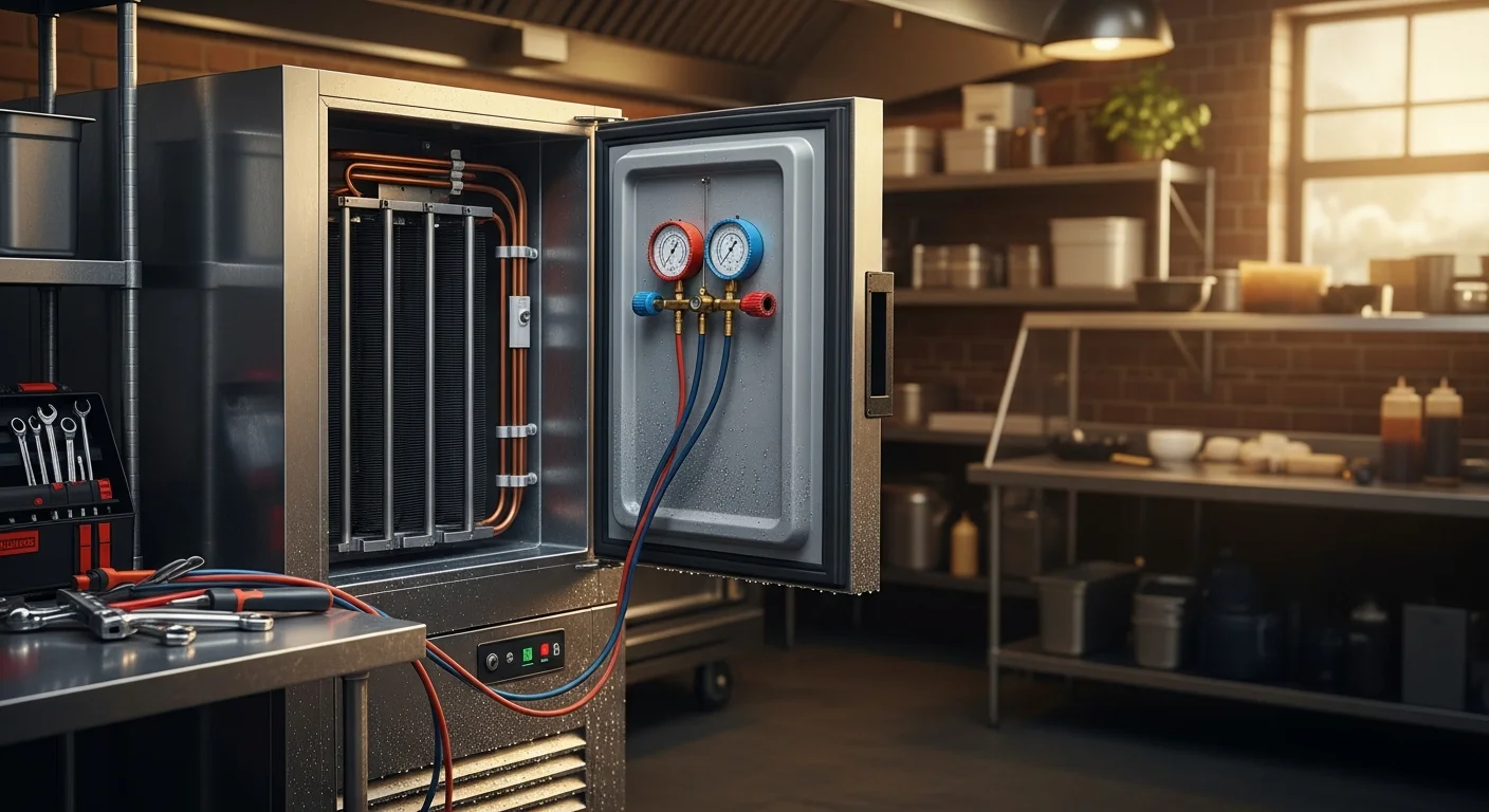 Commercial refrigeration technician repairing restaurant cooler unit