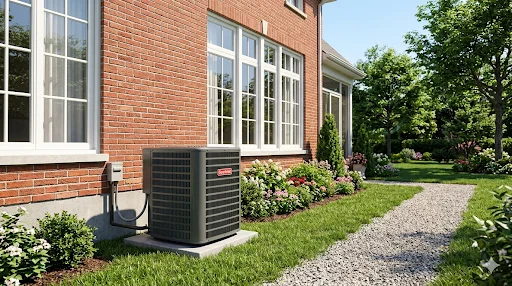 New HVAC air conditioning unit installed next to brick home with landscaping
