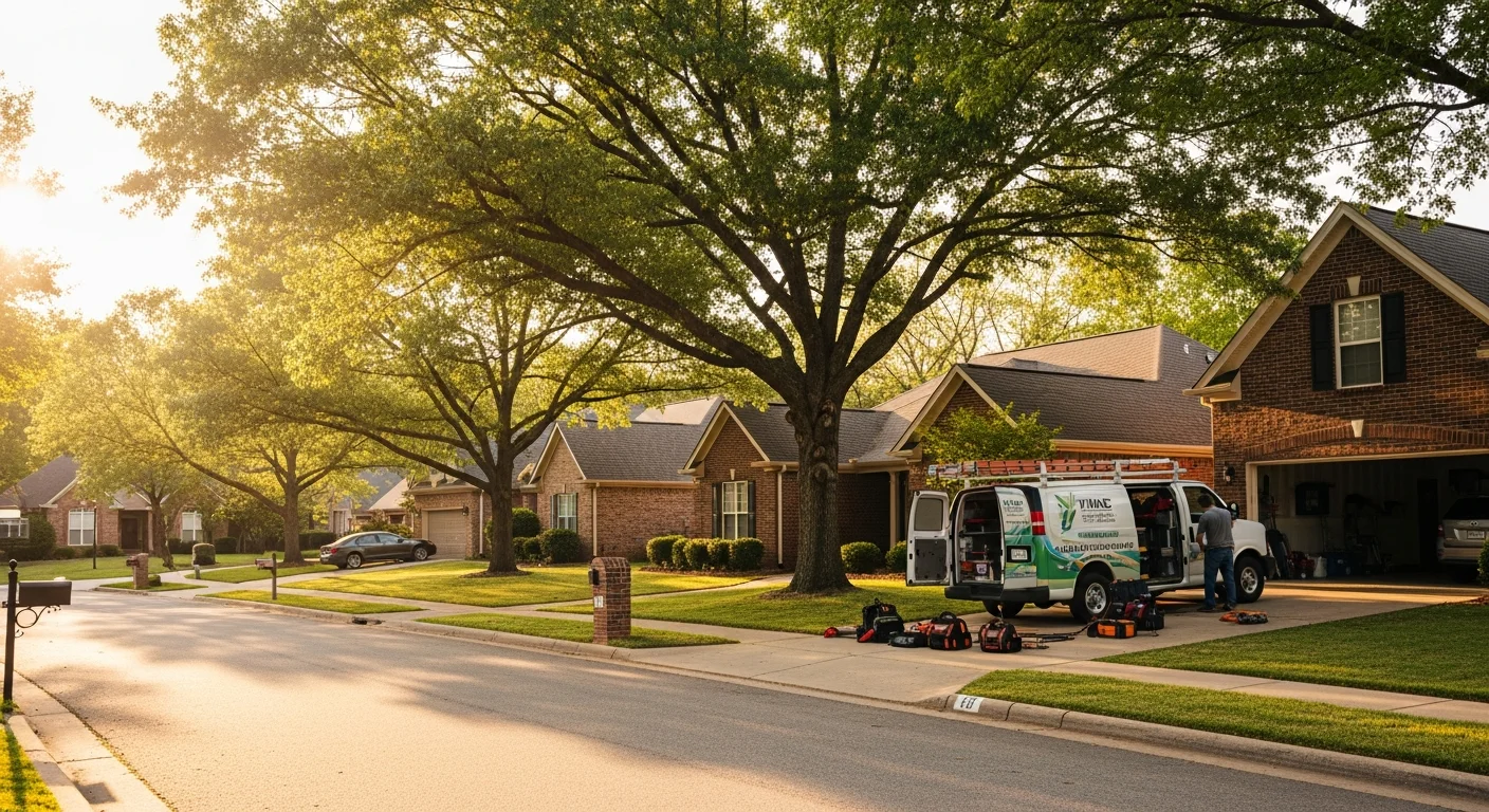 Residential street in Rogers with well-maintained homes and mature trees lining the neighborhood.