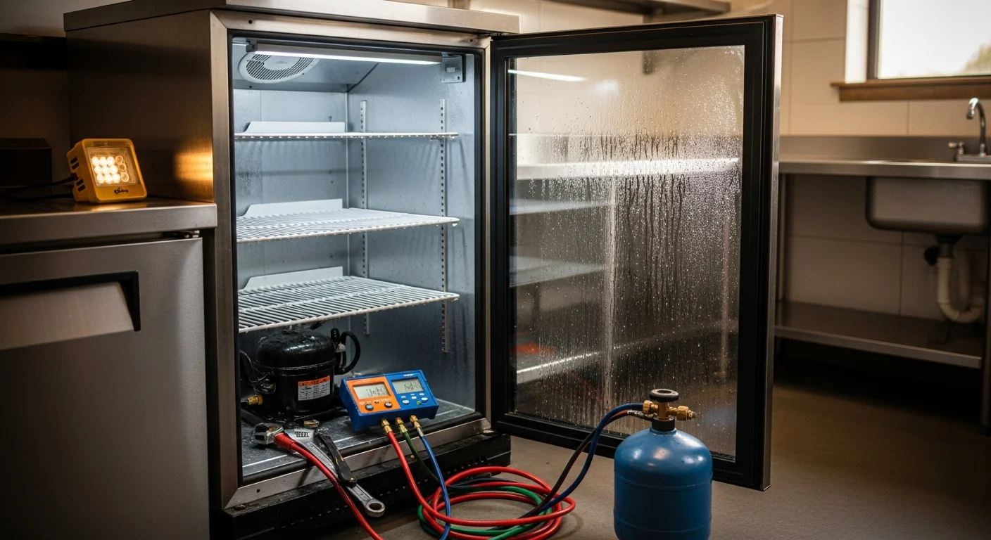 A commercial back bar cooler with glass doors fully stocked with beverages inside a Rogers, AR bar, with a technician from Waldo's Air Care inspecting the condenser unit at the base of the refrigerator.