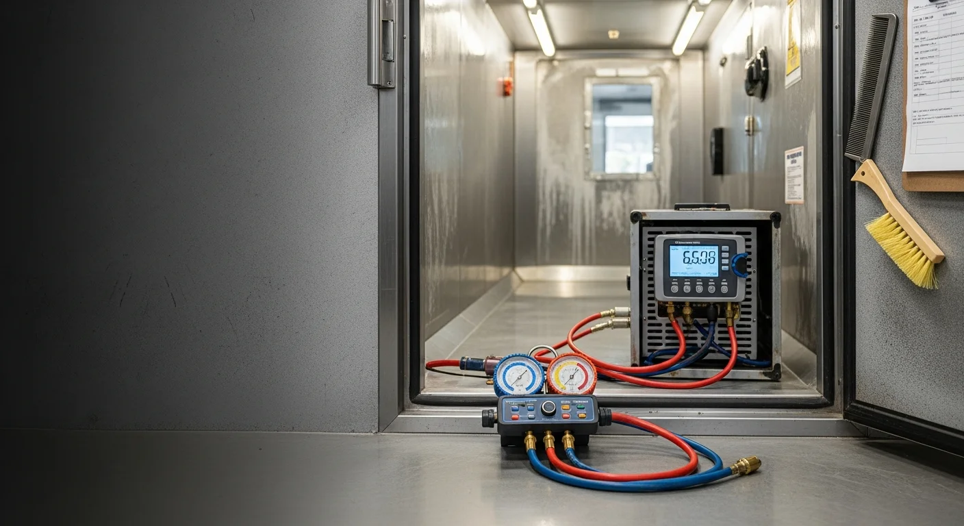 A Waldos Air Care technician inspecting the condenser coils on a commercial walk-in cooler at a food-service business in Rogers, AR. The unit is open for service with maintenance tools visible on a nearby work surface.