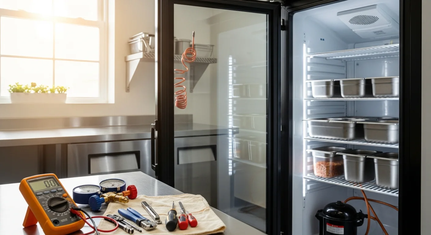 A commercial two-door reach-in cooler in a Rogers, AR restaurant kitchen with the door open showing organized shelves of food at proper temperature. A Waldos Air Care technician inspects the condenser coil panel at the base of the unit.