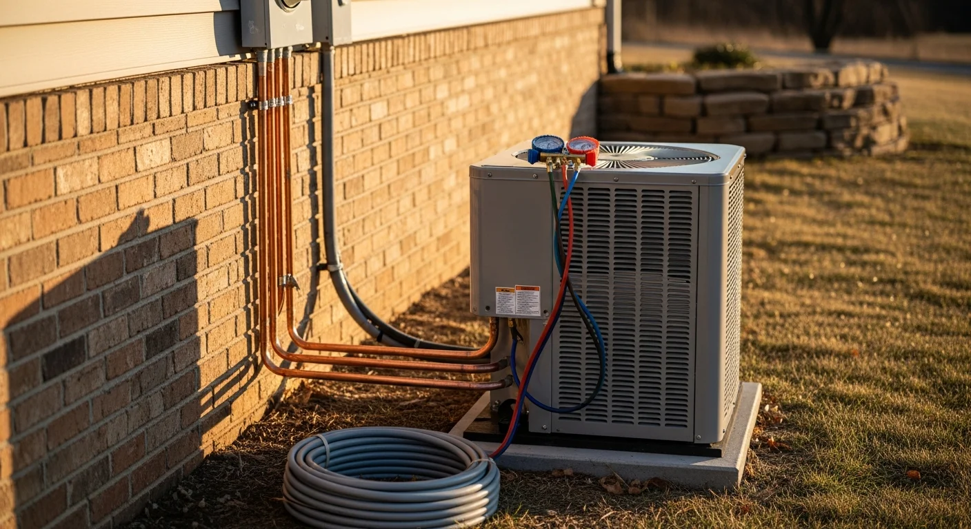 A newly installed residential HVAC outdoor condenser unit positioned on a concrete pad beside a single-family home in Rogers, AR. A Waldos Air Care technician checks the electrical connections on the unit during the final installation walkthrough.