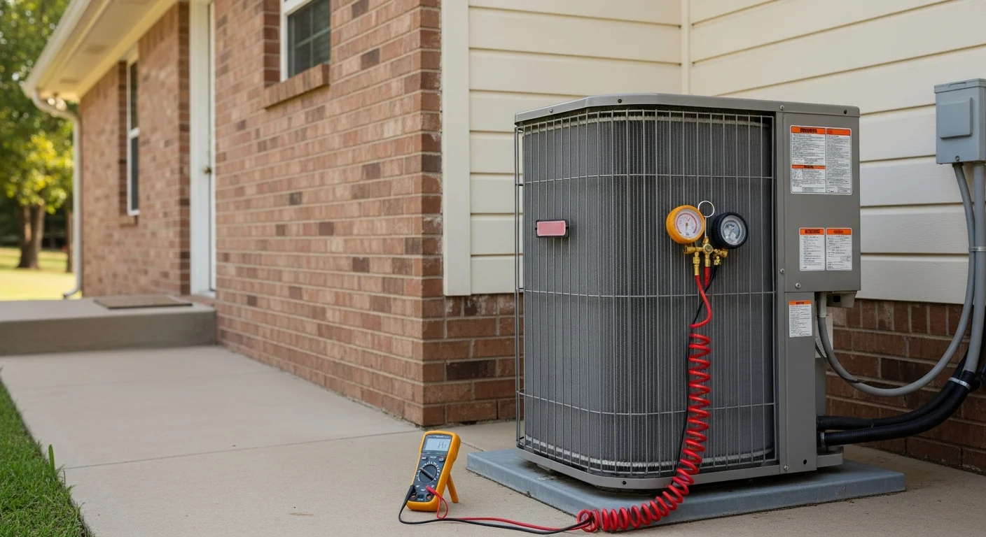 A Waldo's Air Care technician inspecting the outdoor condenser unit of a residential HVAC system at a single-family home in Rogers, AR. The technician checks coil condition and electrical connections during a routine maintenance visit.