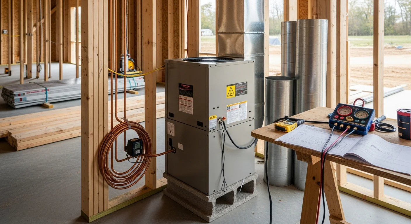 A new residential home under construction in Rogers, AR with HVAC ductwork and air handler installed in an open-framed interior before drywall. Waldos Air Care technician inspecting the new construction HVAC rough-in installation.