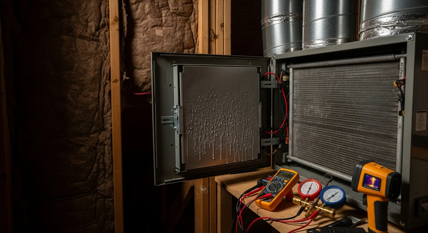 A Waldos Air Care technician inspecting a residential central air conditioning unit outside a Rogers, AR home. The technician is checking the outdoor condenser unit with diagnostic tools on a warm Arkansas day.