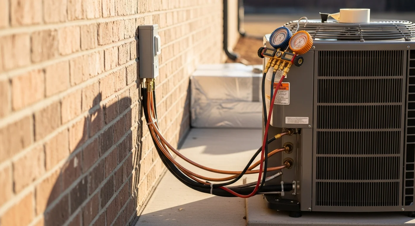 A newly installed residential HVAC outdoor condenser unit positioned beside a home in Rogers, AR, with clean refrigerant lines and a level equipment pad. A technician from Waldos Air Care performs a post-installation system check on the unit.