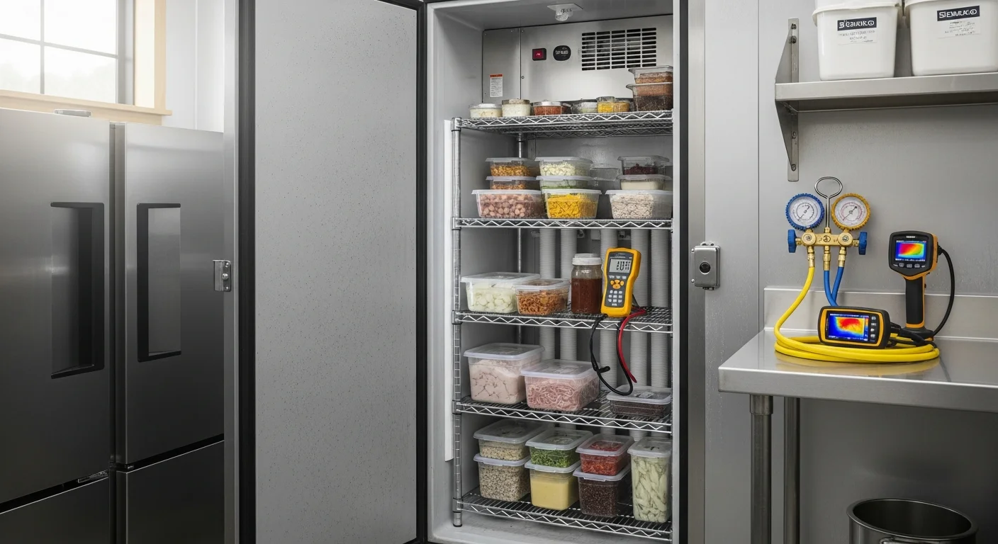 A commercial technician inspecting the condenser unit of a walk-in cooler inside a Rogers, AR restaurant kitchen. The stainless steel reach-in refrigerators and prep table coolers are visible in the background.
